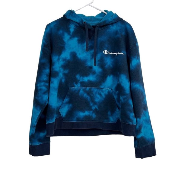Champion Tops - Champion Logo Blue Tie Dye Boxy Cropped Long Sleeve Fleece Hoodie Womens Size XL